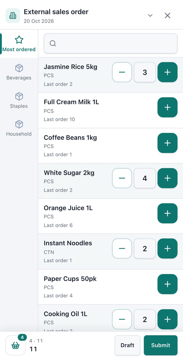 A customer placing an order on their phone: most-ordered items with quantities, and Submit.