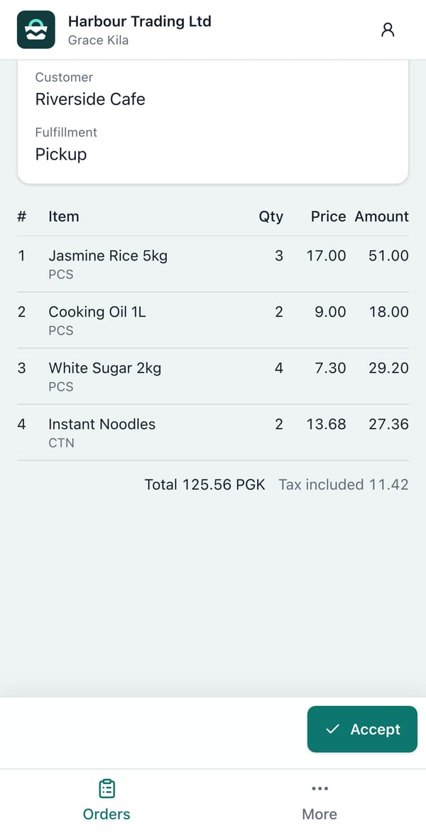 The customer’s phone showing the order at their prices, with the total and an Accept button.