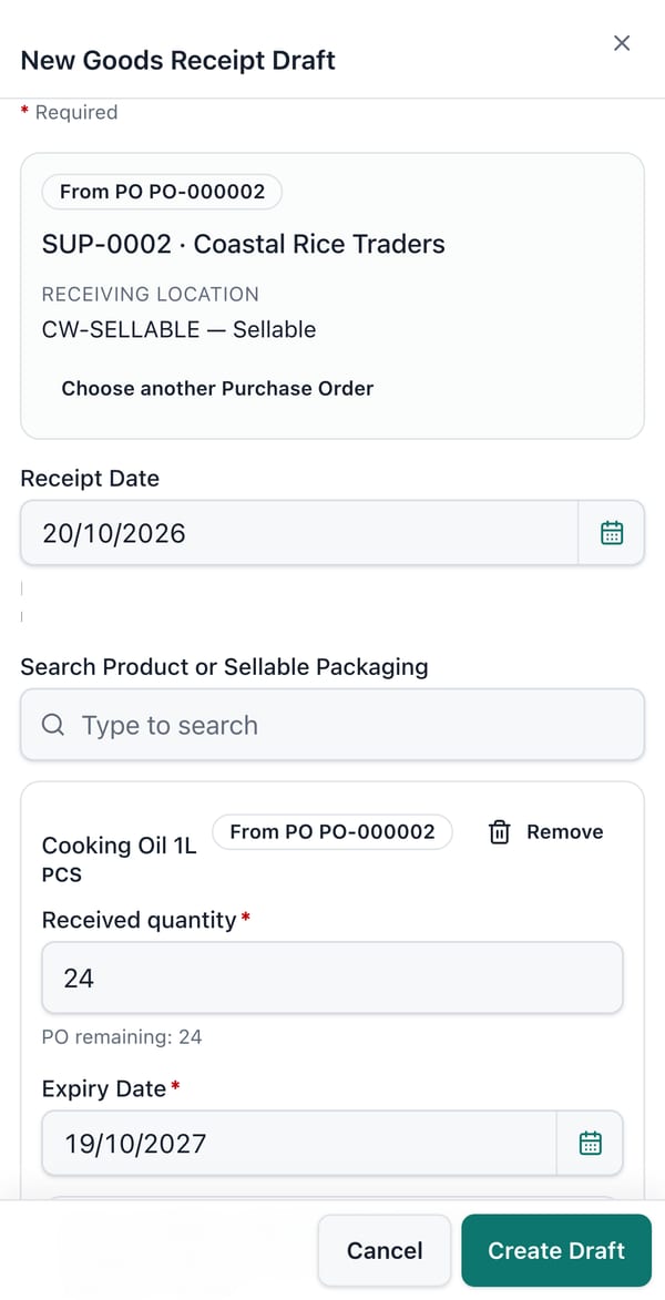 Receiving goods against a purchase order on a phone, with the received quantity and the expiry date.