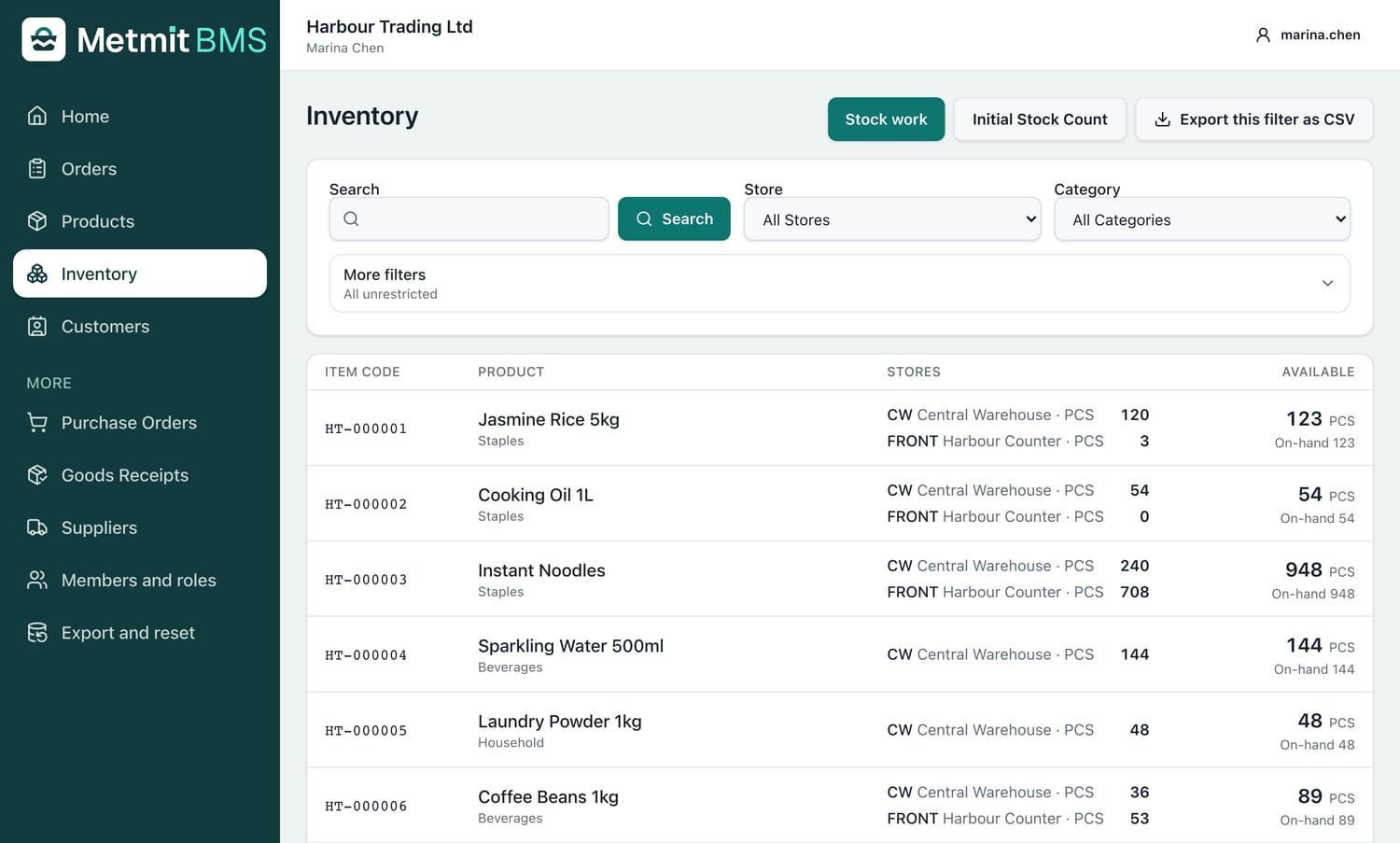 Metmit BMS on a computer: the Inventory screen, with each product's stock in the central warehouse and in the shop.