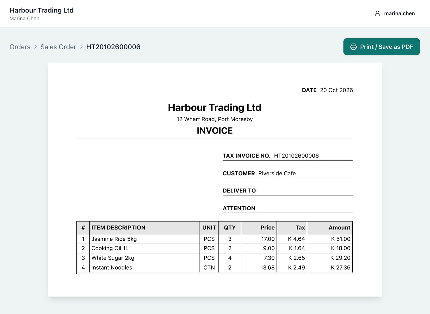 A tax invoice in Metmit BMS: invoice number, customer, four line items with price, tax and amount, totals and bank details.