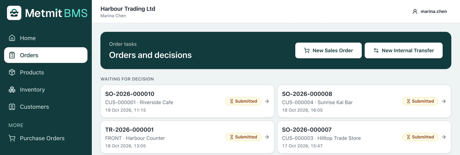 The office’s Orders screen: sales orders from customers and a stock transfer, waiting for a decision.